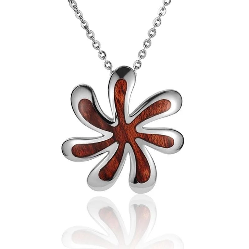 Layered Crystal Necklaces For Evening Glam-Sterling Silver Koa Wood Twisting Tiare Flower Pendant18" Necklace