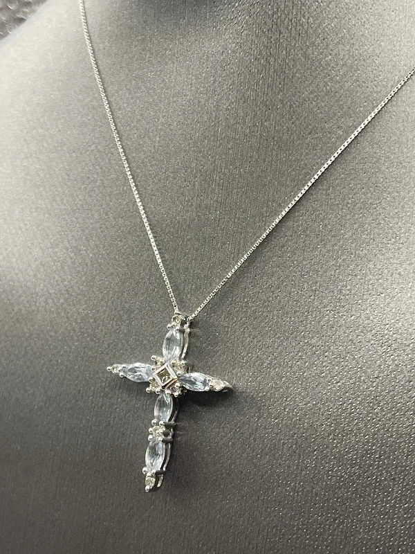 Gold Heart Necklaces For Romantic Occasions-Ladies 10 Karat Solid White Gold Aquamarine and Diamond Cross Necklace