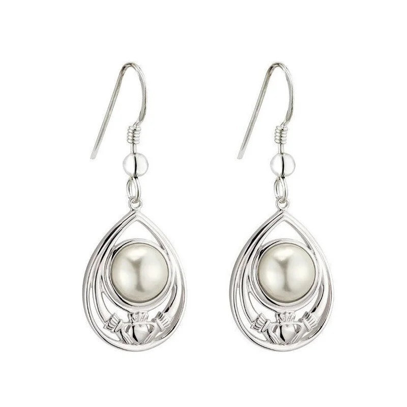 Dazzling Gold Earrings For Party Glam-Sterling Silver Pearl Claddagh Drop Earrings - S34138