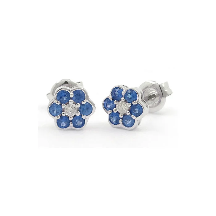 Colorful Drop Earrings For Casual Style-Sapphire and Diamond Flower Earrings, 14K White Gold