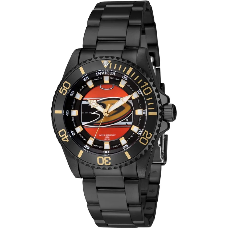 Watches In Rose Gold-Invicta Women's Quartz Watch - NHL Anaheim Ducks Rotating Bezel Black Steel | 42225