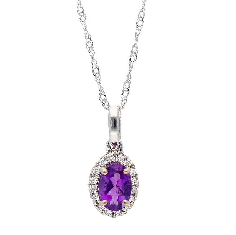 Classic Gold Pendant Necklaces For Formal Wear-14K White Gold Oval Amethyst w/Diamond Halo 16" Necklace