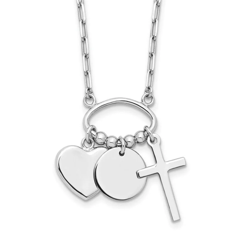 Custom Charm Chain Necklaces For Personalized Gifts-Sterling Silver Rhodium-plated Round Heart Cross Discs 32in Necklace