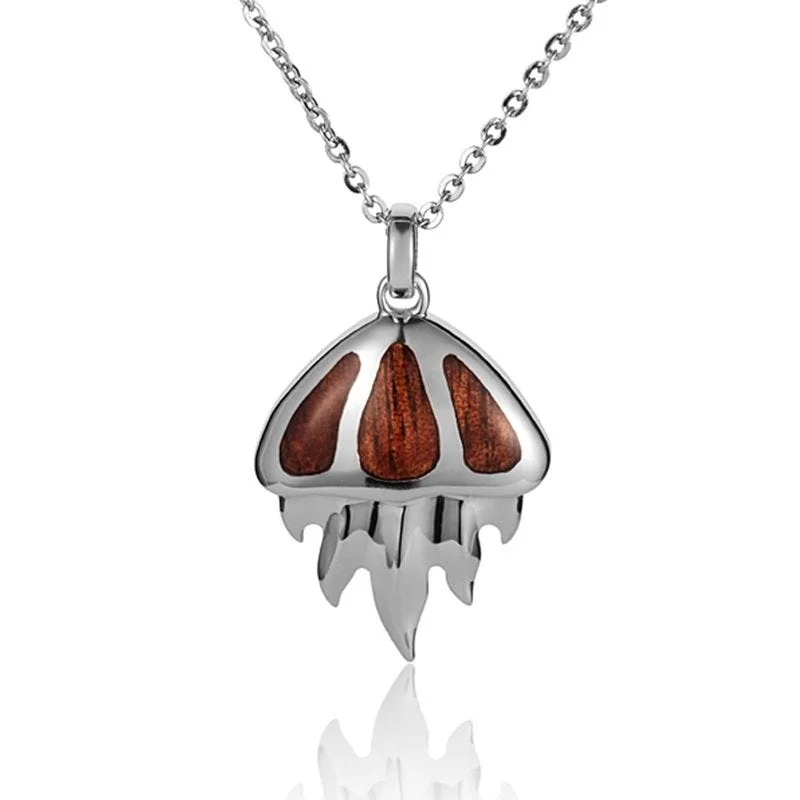 Elegant Bead Necklaces For Trendy Looks-Sterling Silver Koa Wood Jellyfish with Connected Tentacles Pendant18" Necklace