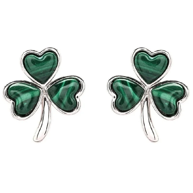 Simple Silver Stud Earrings For Casual Wear-Sterling Silver Malachite Shamrock stud Earrings SE2339