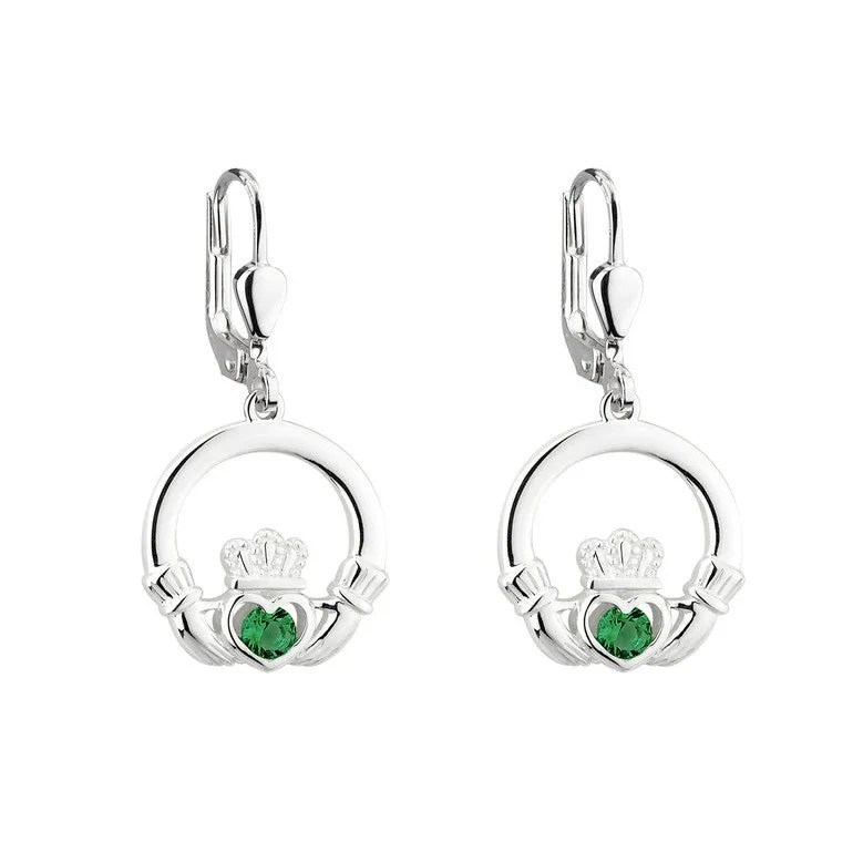 Fancy Earrings For Evening Parties-Sterling Silver Claddagh Earrings Drop with Green Stones - S33956