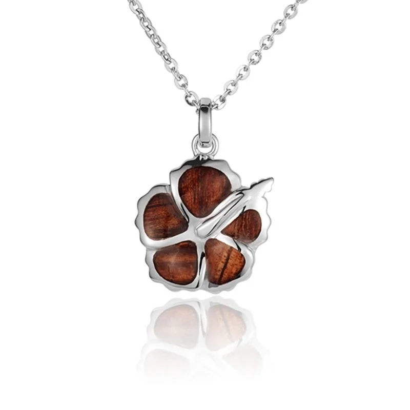 Sparkling Heart Necklaces For Romantic Gifts-Sterling Silver Koa Wood Hibiscus Flower Pendant18" Necklace