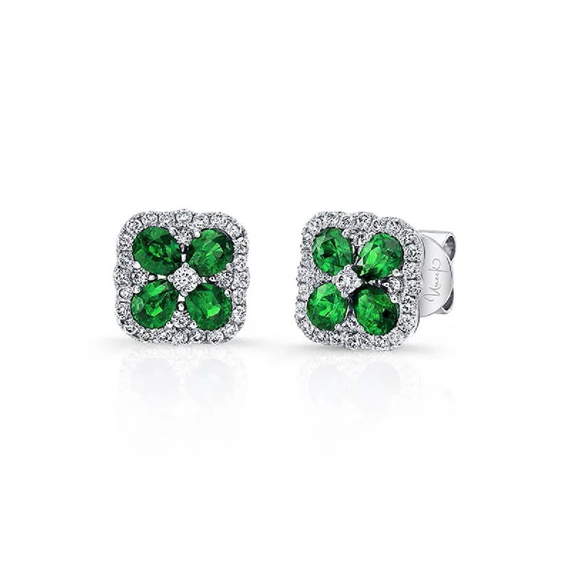 Lightweight Earrings For Comfortable Wear-Emerald and Diamond Square Stud Earrings