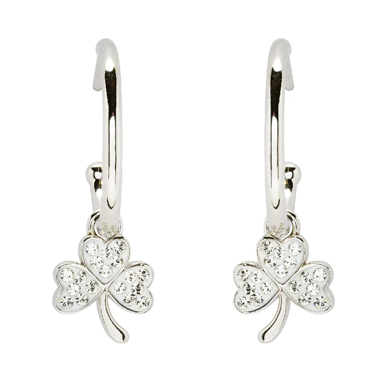 Elegant Swarovski Earrings For Evening Wear-Sterling Silver Shamrock Hoop Earrings Adorned By Crystals SW247