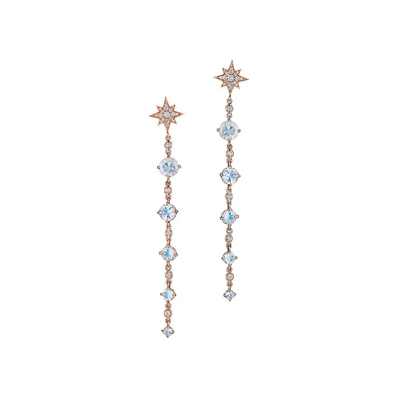 Large Pearl Earrings For Evening Look-Descending Starburst Moonstone Diamond Earrings