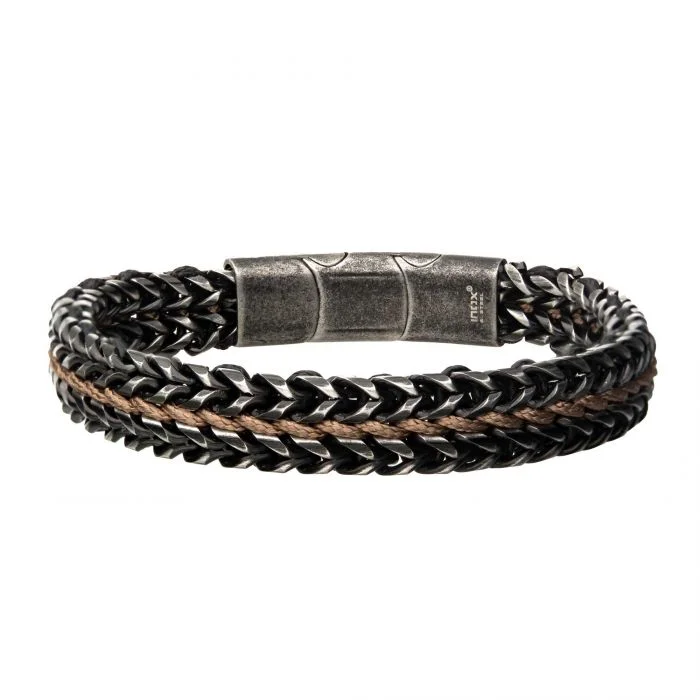 Bracelets With Cross Designs-Rugged Steel Brown Cord Foxtail Bracelet