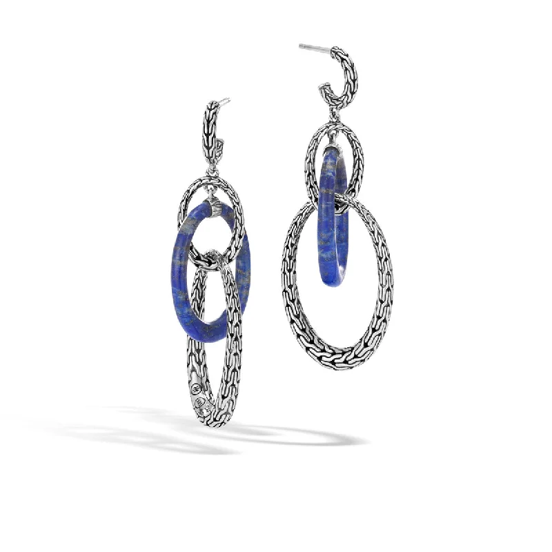 Trendy Silver Earrings For Bold Looks-Classic Chain Silver Drop Earrings with Lapis Lazuli