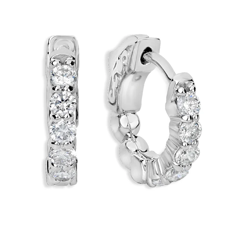 Trendy Drop Earrings For Formal Occasions-14K White Gold Huggie Hoop Earrings with 1ct of Diamonds