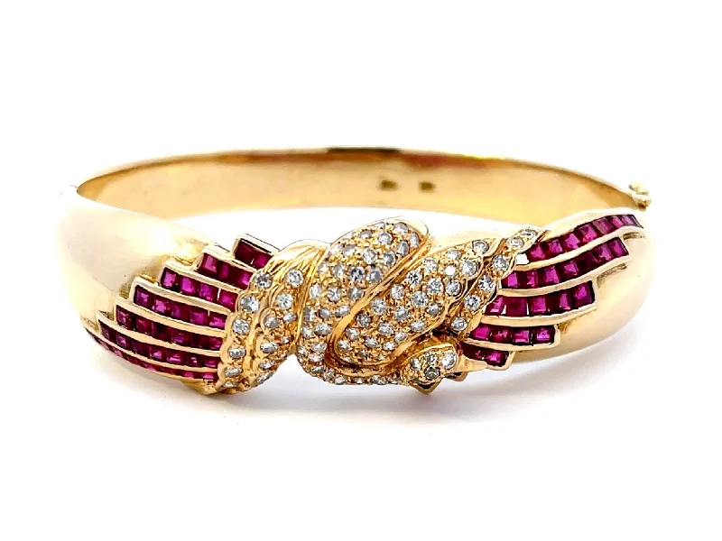 Bangles For New Year’s Eve-Diamond Swan and Ruby Bangle in 14k Yellow Gold