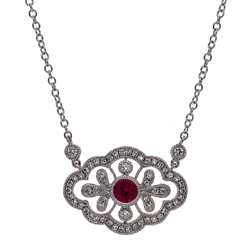 Personalized Initial Pendant Necklaces For Brides-14K White Gold Center Round Ruby and Diamond Necklace