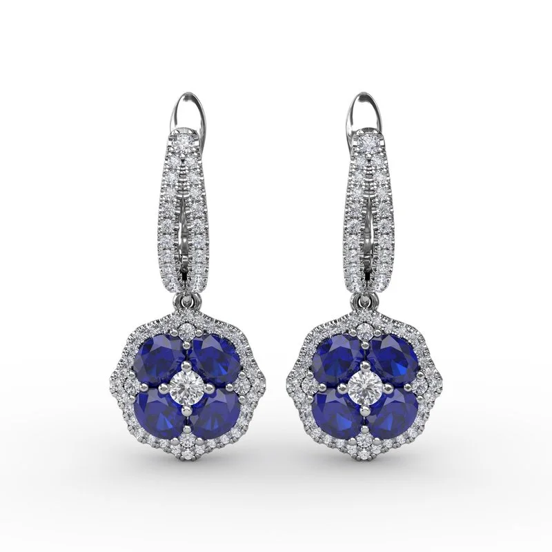 Classic Gold Earrings For Everyday Wear-FANA Sapphire and Diamond Cluster Drop Earrings ER1576S