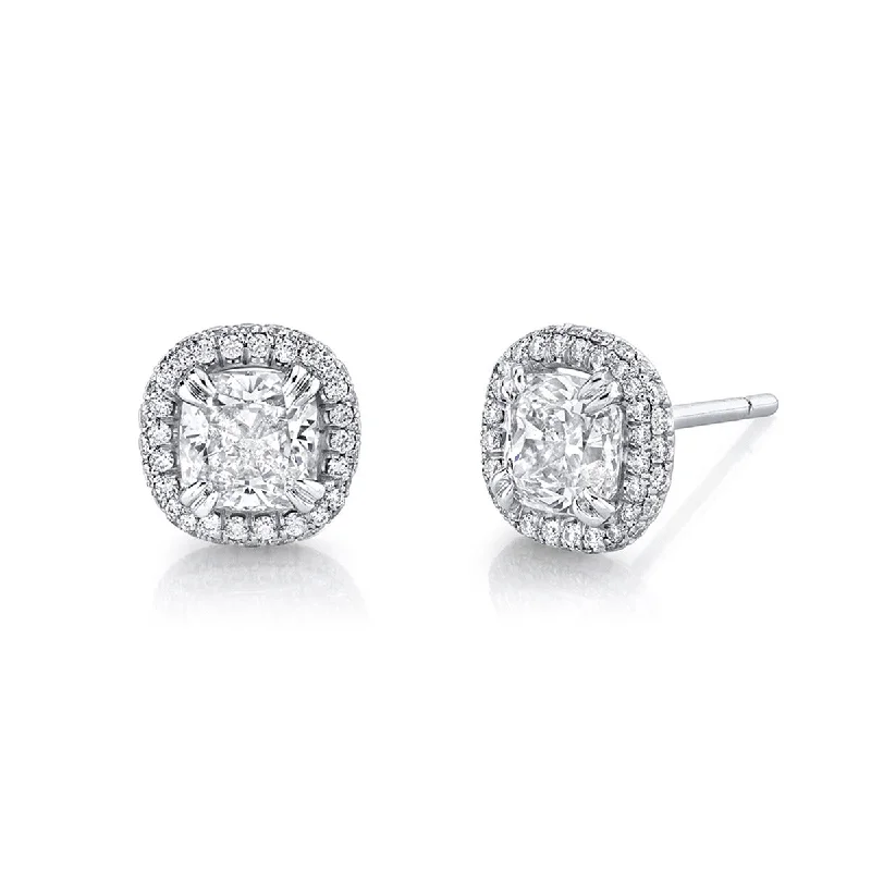 Chic Boho Earrings For Festivals-Cushion Diamond and Halo Stud Earrings