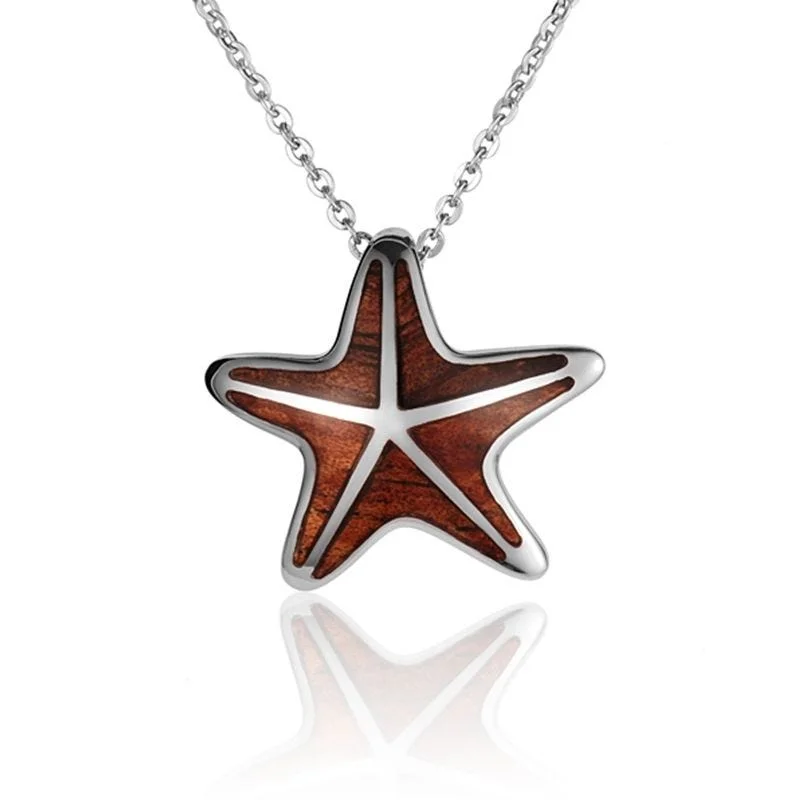 Large Pendant Necklaces For Statement Jewelry-Sterling Silver Koa Wood Cushion Starfish Pendant18" Necklace