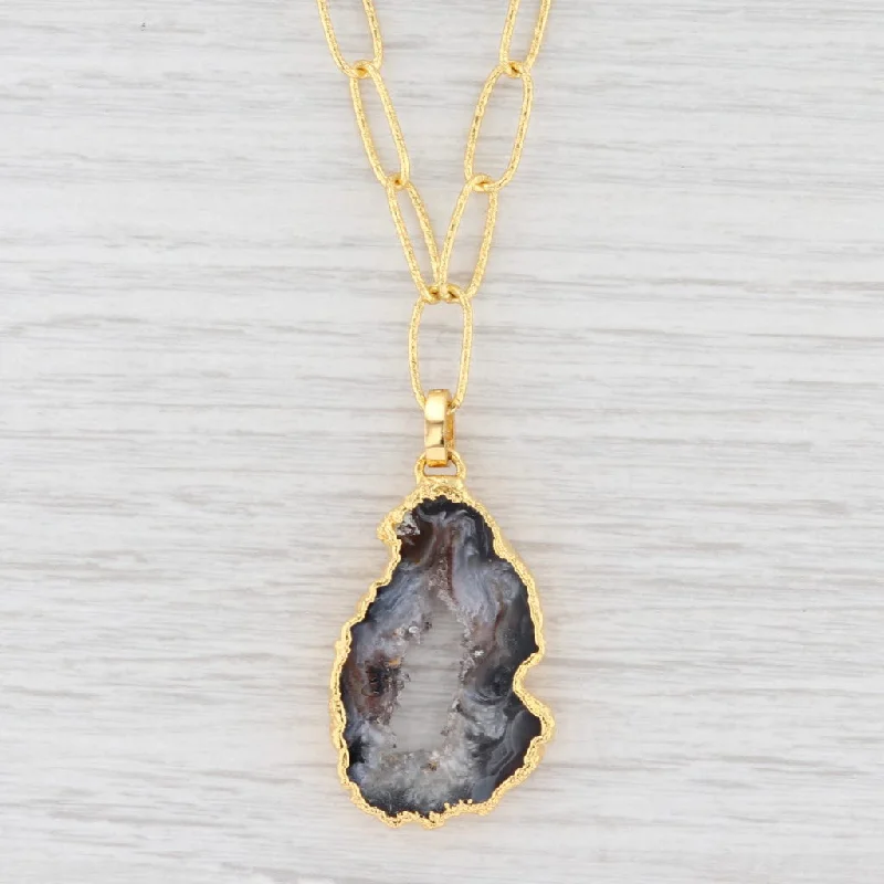 Personalized Pendant Necklaces For Special Occasions-New Nina Nguyen Druzy Geode Quartz Pendant Necklace Sterling Gold Vermeil 21"