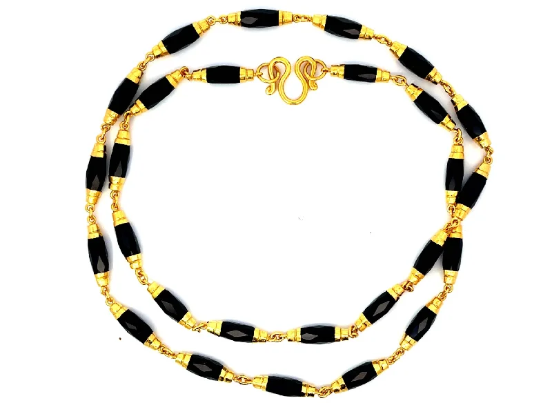 Custom Long Gold Necklaces For Unique Gifts-Faceted Black Onyx Gold Beaded Necklace 22k Yellow Gold