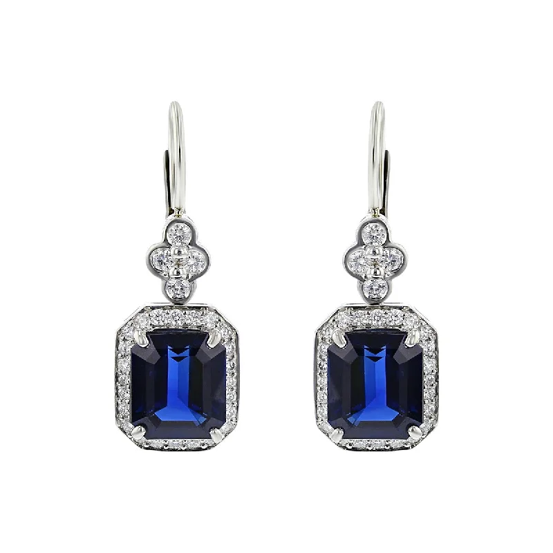 Elegant Pearl Drop Earrings-Emerald-cut Sapphire and Diamond Halo Lace Drop Earrings