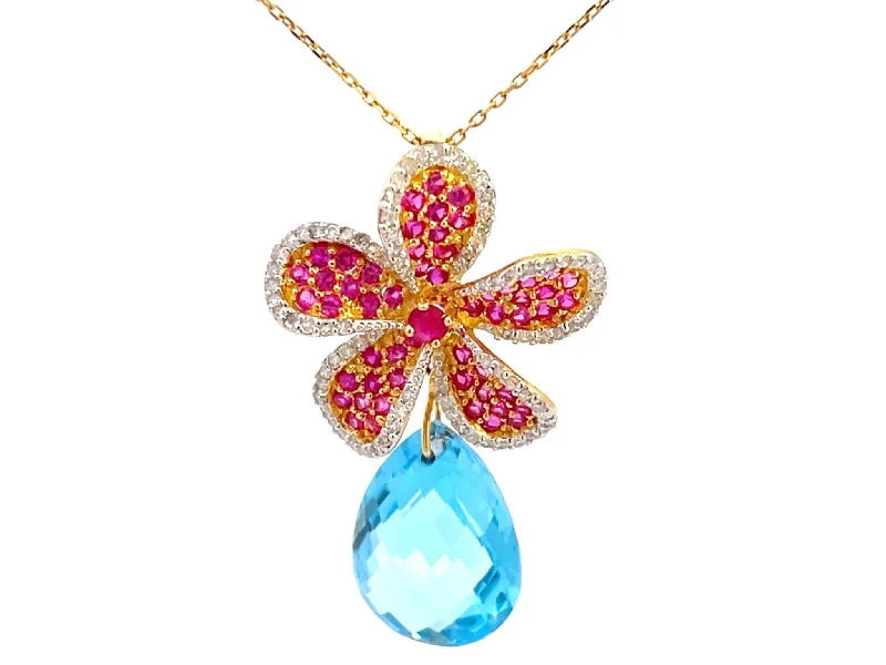 Sterling Silver Heart Necklaces For Gift Ideas-Ruby Diamond Flower Necklace with Topaz Drop in 14k Yellow Gold