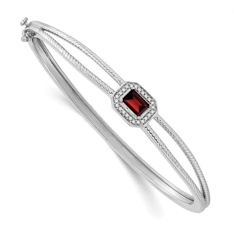 Bangles For Graduation Parties-14k White Gold Emerald-shape Garnet and Diamond Halo Bangle