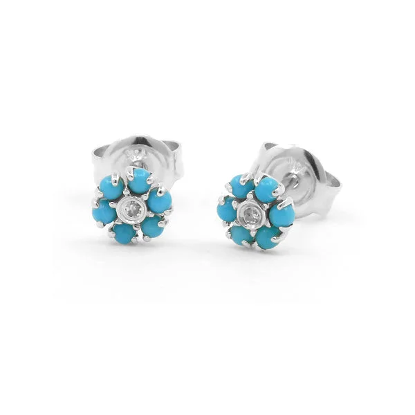 Beautiful Silver Drop Earrings For Wedding-Petite Turquoise and Diamond Flower Earrings, 14K White Gold