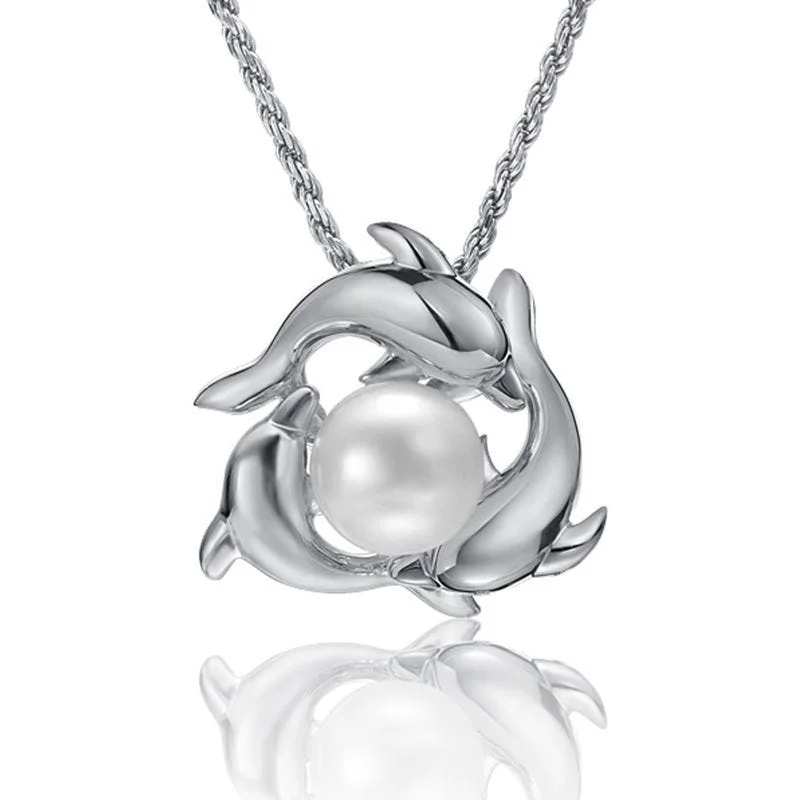 Custom Crystal Necklaces For Personalized Jewelry-Dolphins Encircle White Pearl Necklace