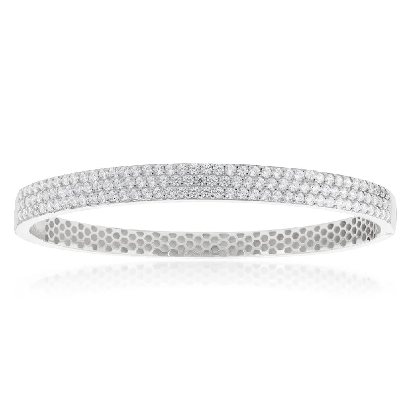 Bangles With Butterfly Designs-Sterling Silver Broad Cubic Zirconia Studded Hinged Bangle