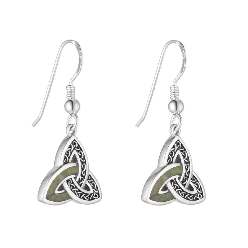 Colorful Drop Earrings For Casual Style-Sterling Silver Connemara Marble Trinity Knot Earrings - S34249