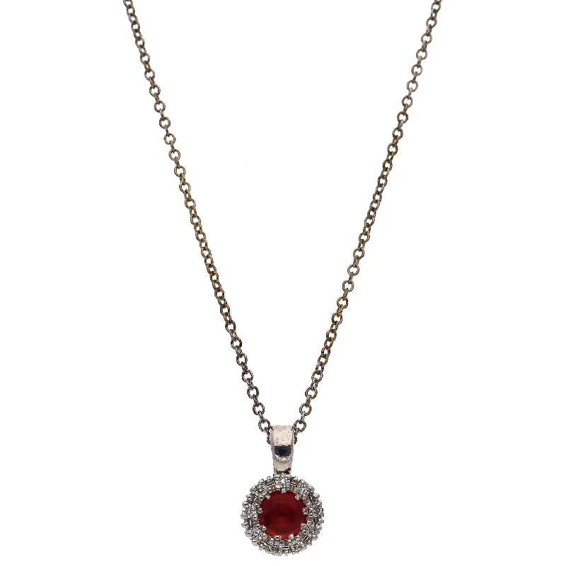 Trendy Long Chain Necklaces For Casual Wear-18K White Gold Round Ruby with Diamond Halo Pendant Necklace