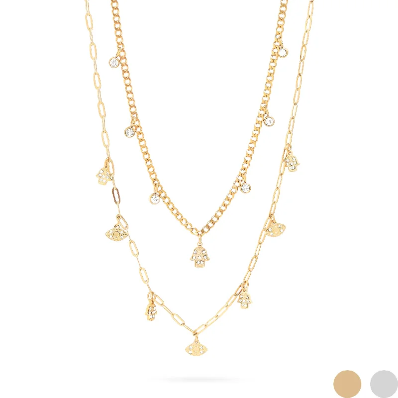 Statement Heart Shaped Necklaces For Special Days-18K Gold PVD Hamsa & Evil Eye Convertible Charm Necklace / CHN0068