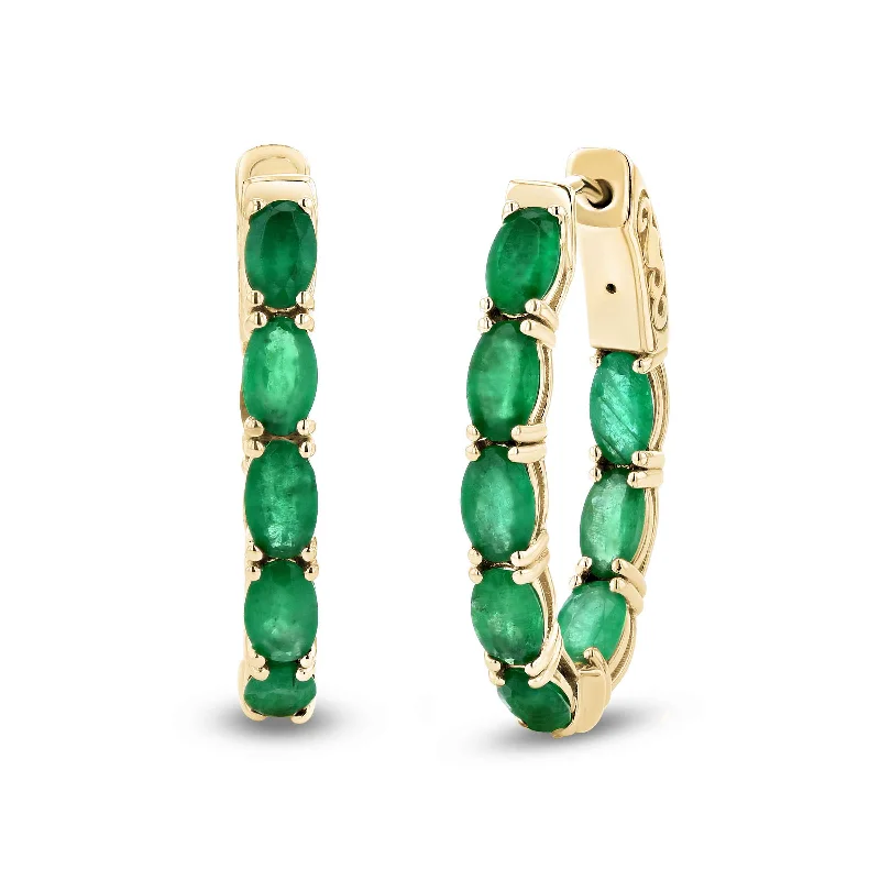 Colorful Gemstone Earrings For Fun Fashion-Oval Emerald Inside Out Hoop Earrings, 14K Yellow Gold