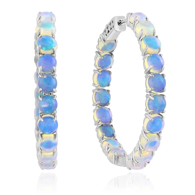 Trendy Chain Earrings For Bold Look-14K White Gold Ethiopian Opal Hoop Earrings with 6.75 Carats of Opals