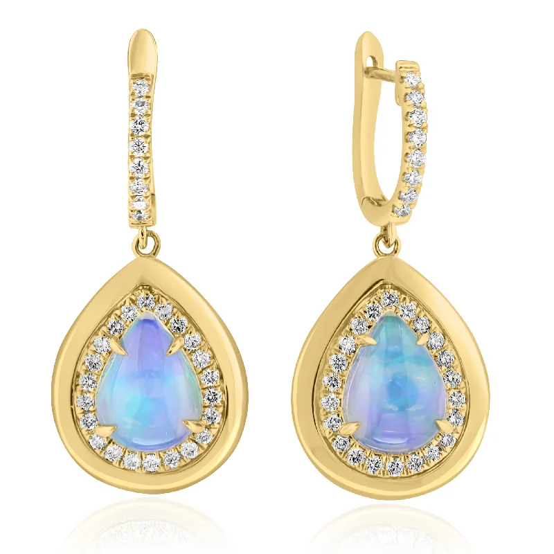 Personalized Engraved Earrings For Gifts-14K Yellow Gold Dangle Earrings with Pear Shape Ethiopian Opals and Diamond Halo