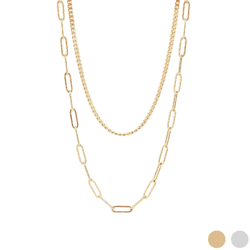 Vintage Charm Necklaces For Retro Style-18K Gold PVD Stainless Steel Curb and Paperclip Layered Chain Necklace / CHN0013