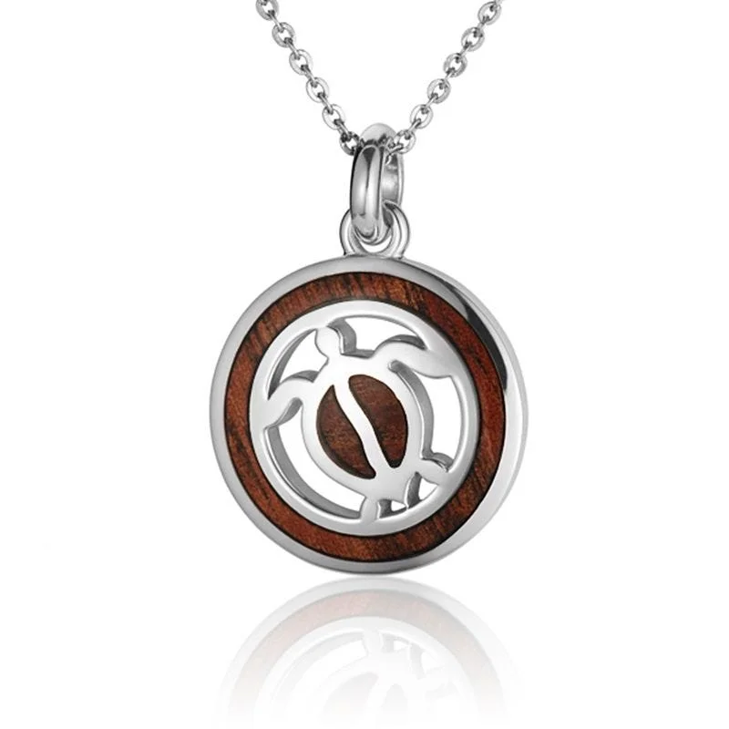 Trendy Multi-Color Necklaces For Fashion Enthusiasts-Sterling Silver Koa Wood Circle Honu Turtle Pendant18" Necklace