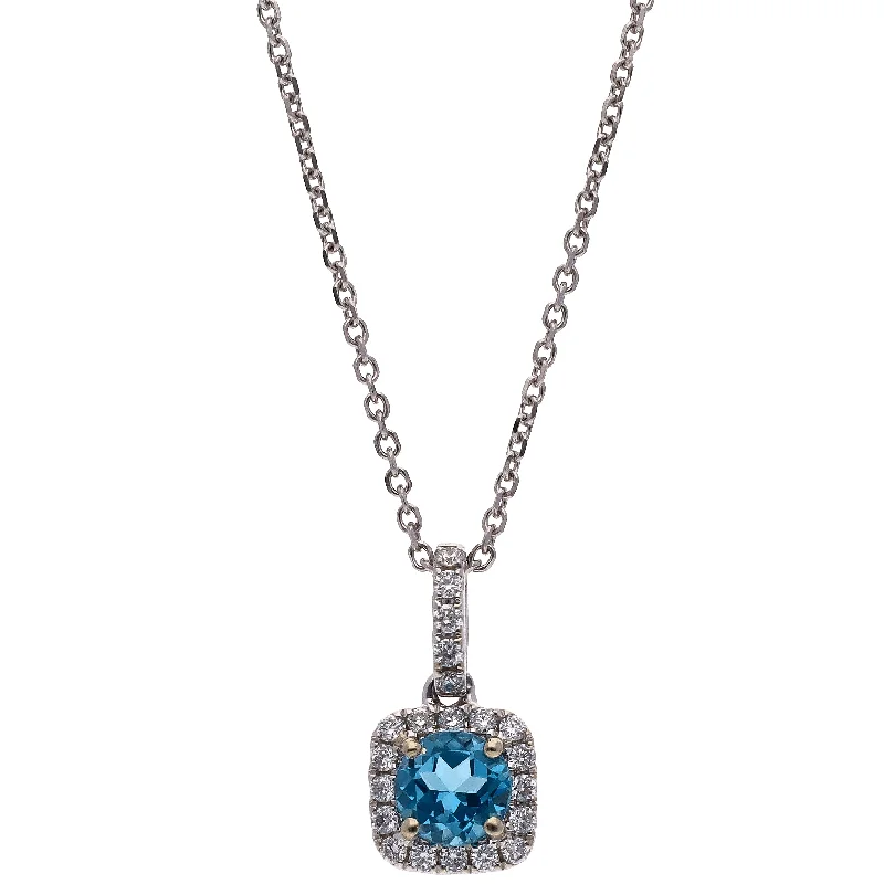 Stunning Gold Pendant Necklaces For Glamour-14K White Gold Round Blue Topaz and Diamond Pendant Necklace