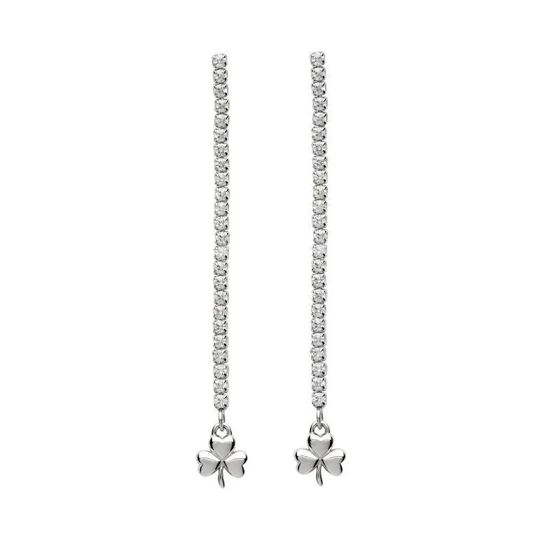 Stunning Crystal Earrings For Formal Events-Sterling Silver CZ Long Drop Shamrock Earrings SE2244