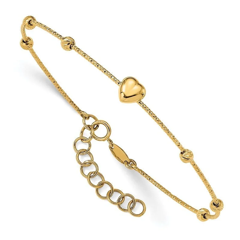 Bangles For Elegant Jewelry Looks-14K D/C Beads with Heart w/1in ext. Flexible Bangle Bracelet