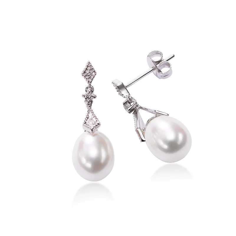 Stunning Long Earrings For Evening Parties-Freshwater Pearl and Diamond Dangle Earrings, 14K White Gold