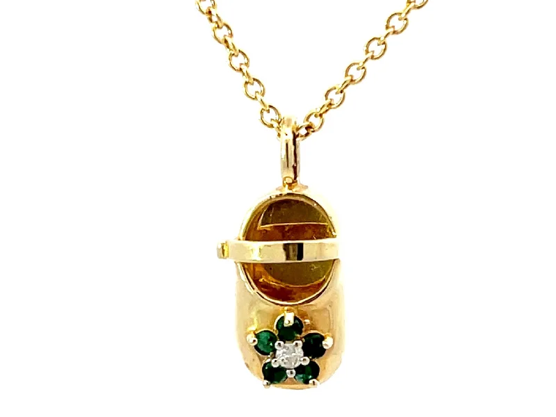 Unique Wooden Necklaces For Nature Lovers-Emerald Diamond Flower Shoe Pendant Necklace Solid 14K Yellow Gold