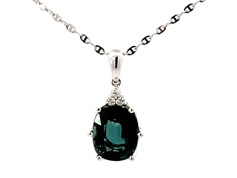 Minimalist Pendant Necklaces For Subtle Elegance-Blue Green Tourmaline Diamond Necklace Solid 18k White Gold