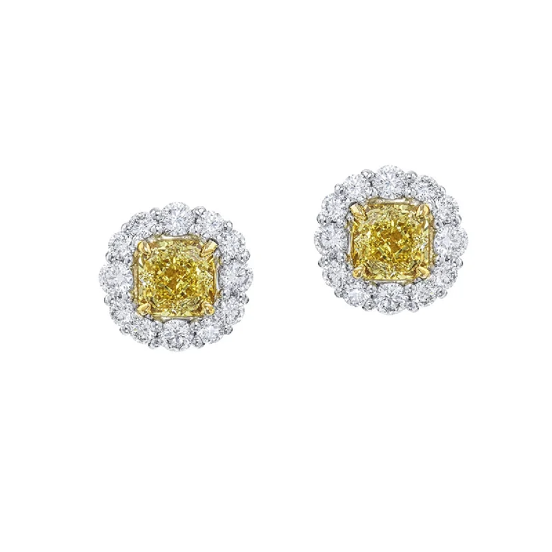 Large Pearl Earrings For Evening Look-Fancy Yellow Radiant-cut and White Diamond Halo Stud Earrings