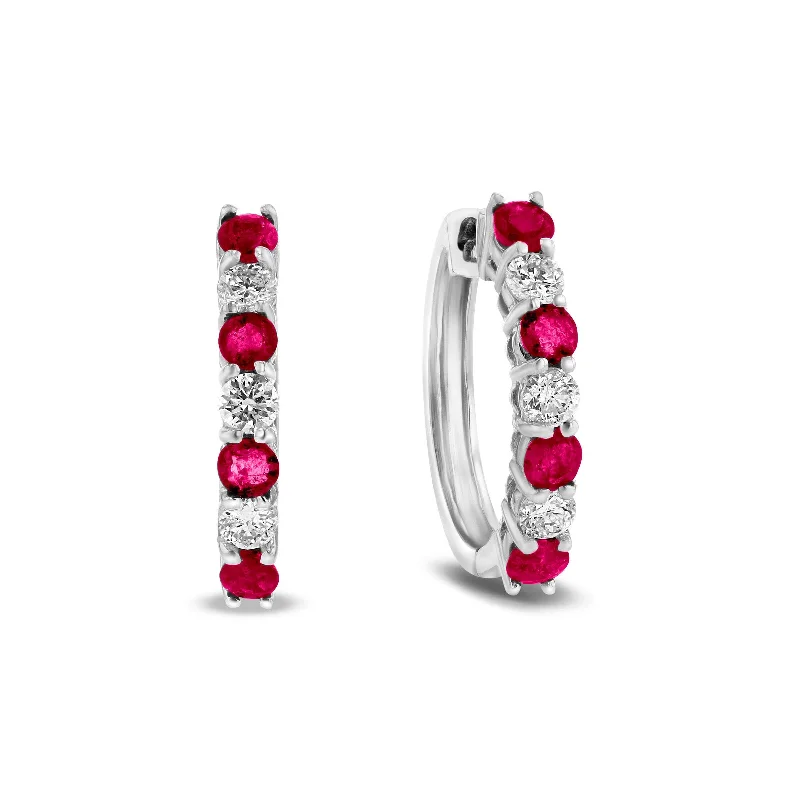 Unique Earrings For Personalized Style-Ruby and Diamond Hoop Earrings, 14K White Gold