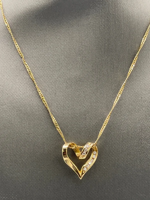 Layered Gold Chain Necklaces For Luxury Look-Ladies 14 Karat Yellow Gold Floating Diamond Heart & Chain