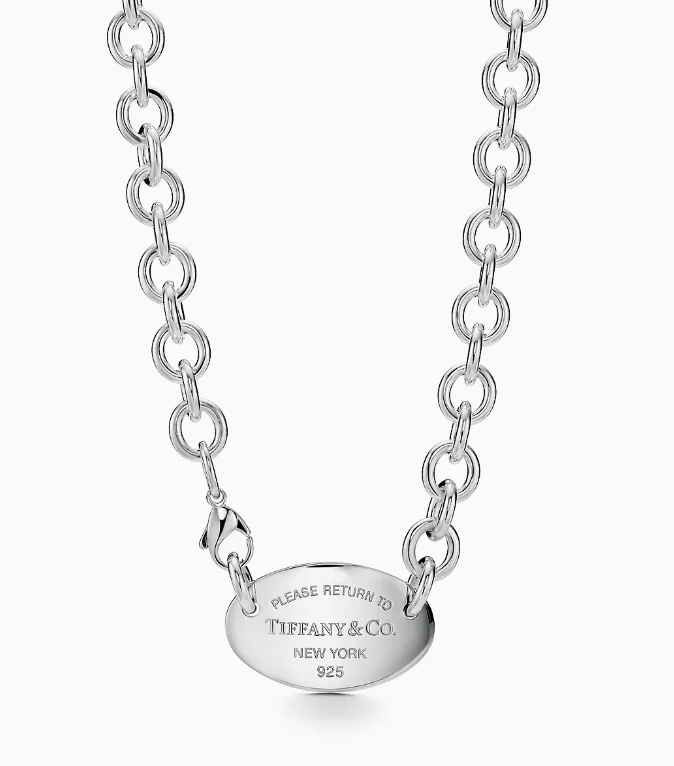 Classic Pearl Necklaces For Brides-Return to Tiffany Tiffany & Co. Oval Tag Necklace in Silver