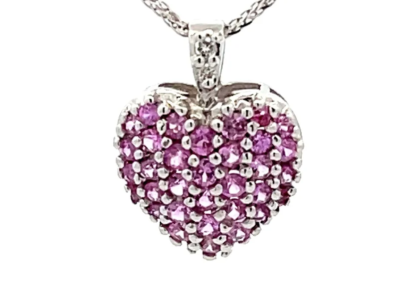 Elegant Crystal Chain Necklaces For Weddings-Pink Topaz and Diamond Heart Necklace 14K White Gold