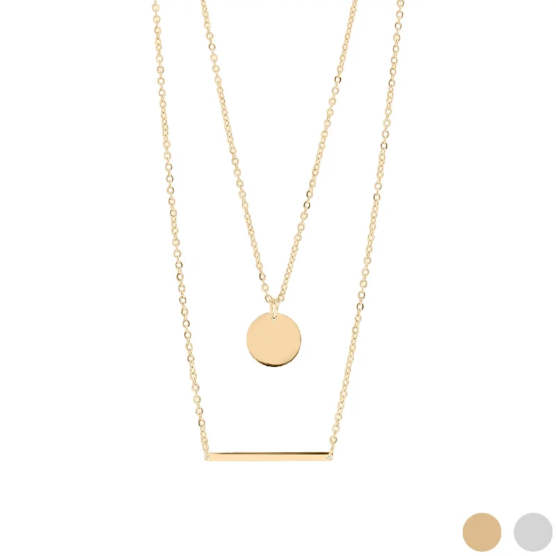 Sterling Silver Necklaces For Sensitive Skin-18K Gold PVD Stainless Steel Circle and Bar Layered Chain Blank Necklace / CHN0005